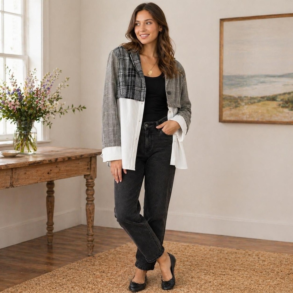 MYSTREE Women's Patchwork Plaid Shirt Jacket LARGE Colorblock Button Front 60291